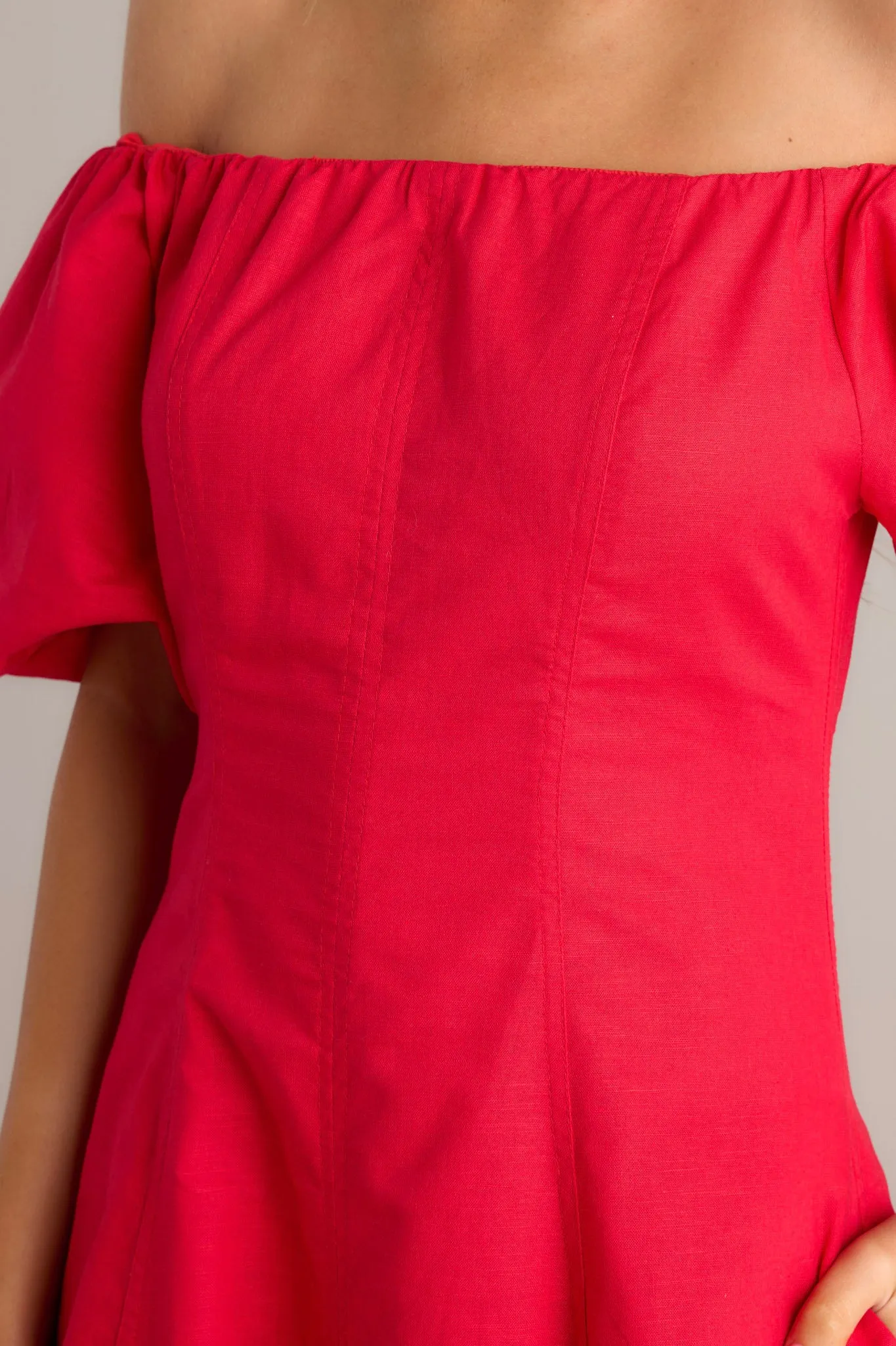 Cascade Couture Red Off Shoulder Midi Dress