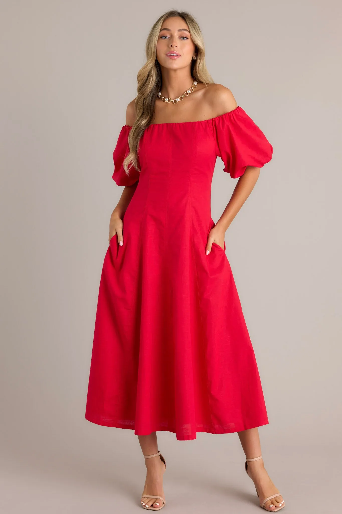 Cascade Couture Red Off Shoulder Midi Dress
