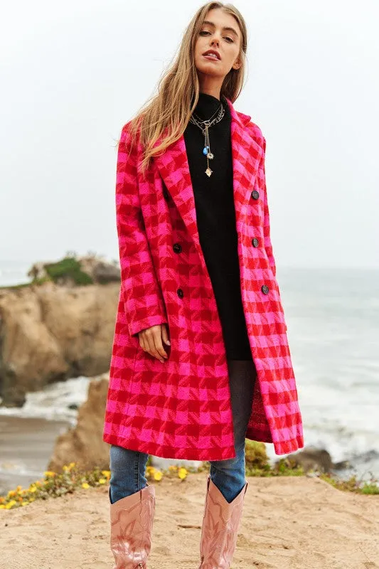 Chic Double Breasted Textured Tweed Coat - Black/White or Pink/Red
