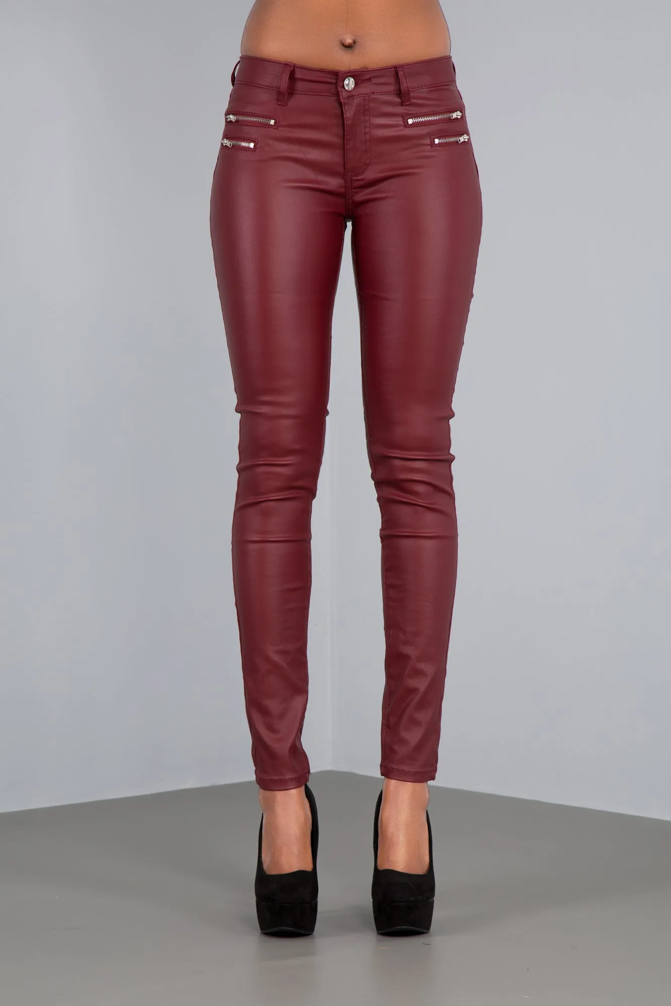 CrimsonGlam Mid-Waist Faux Leather Leggings – Burgundy