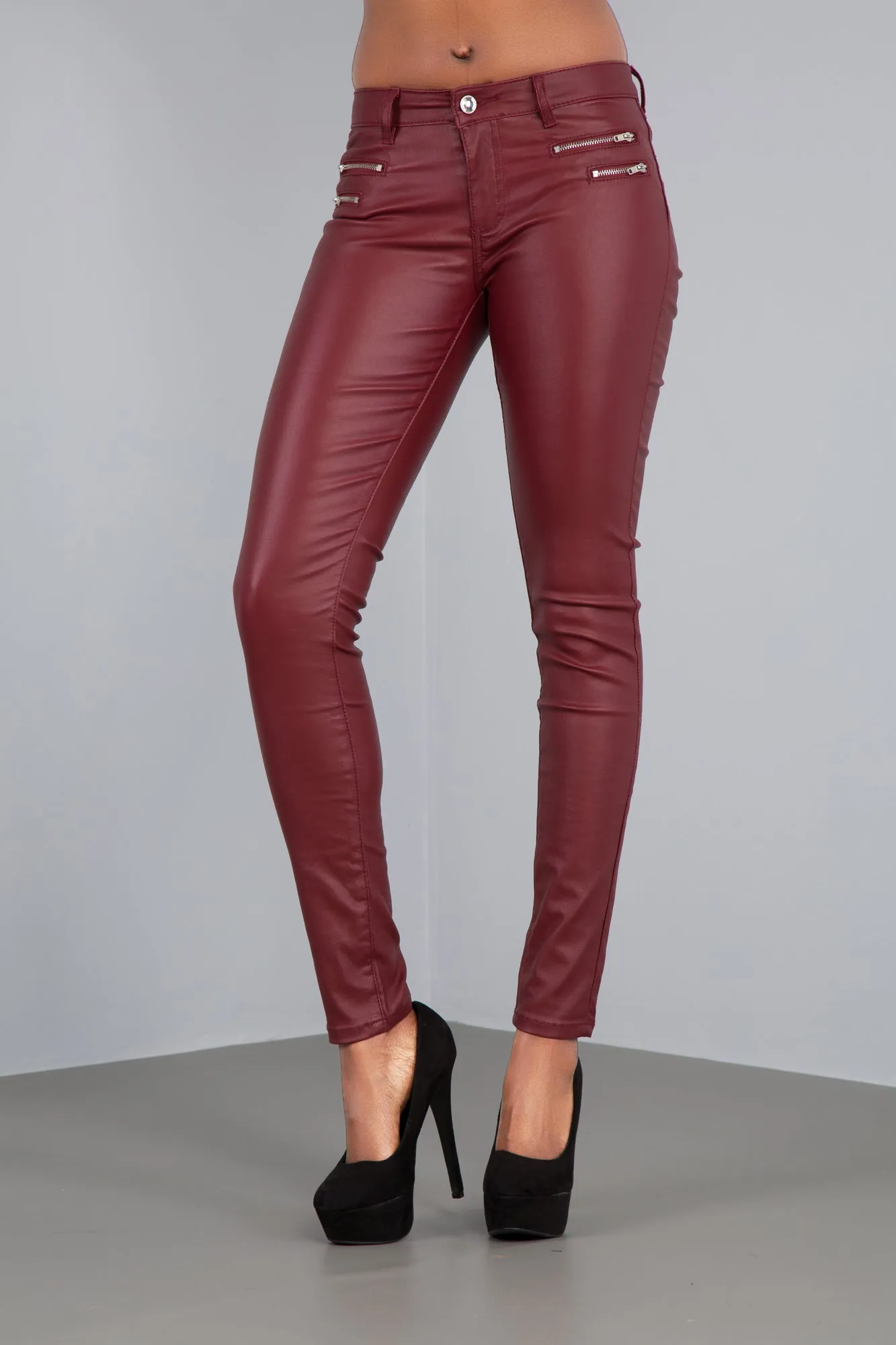 CrimsonGlam Mid-Waist Faux Leather Leggings – Burgundy