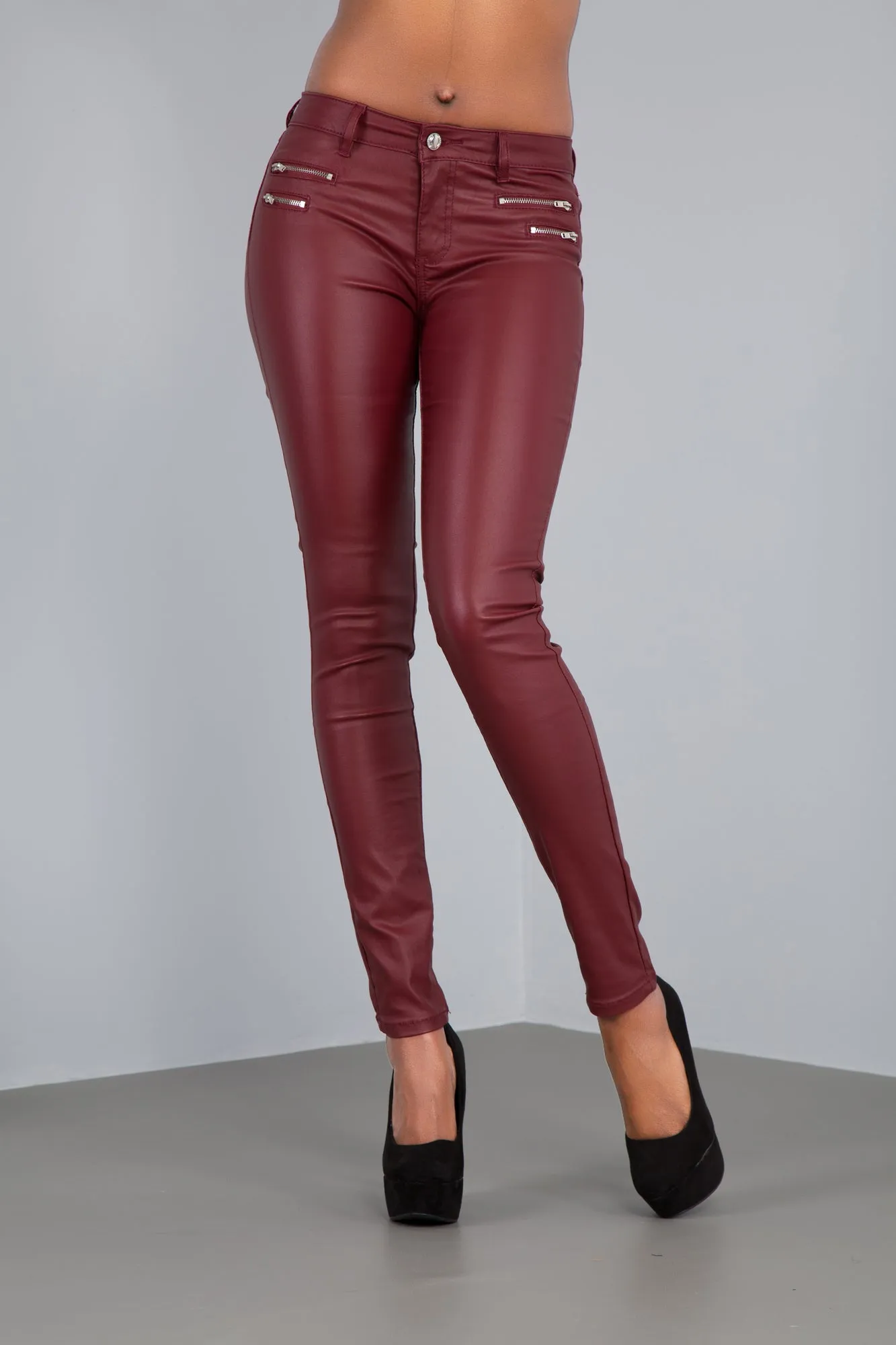 CrimsonGlam Mid-Waist Faux Leather Leggings – Burgundy
