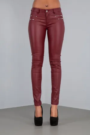CrimsonGlam Mid-Waist Faux Leather Leggings – Burgundy