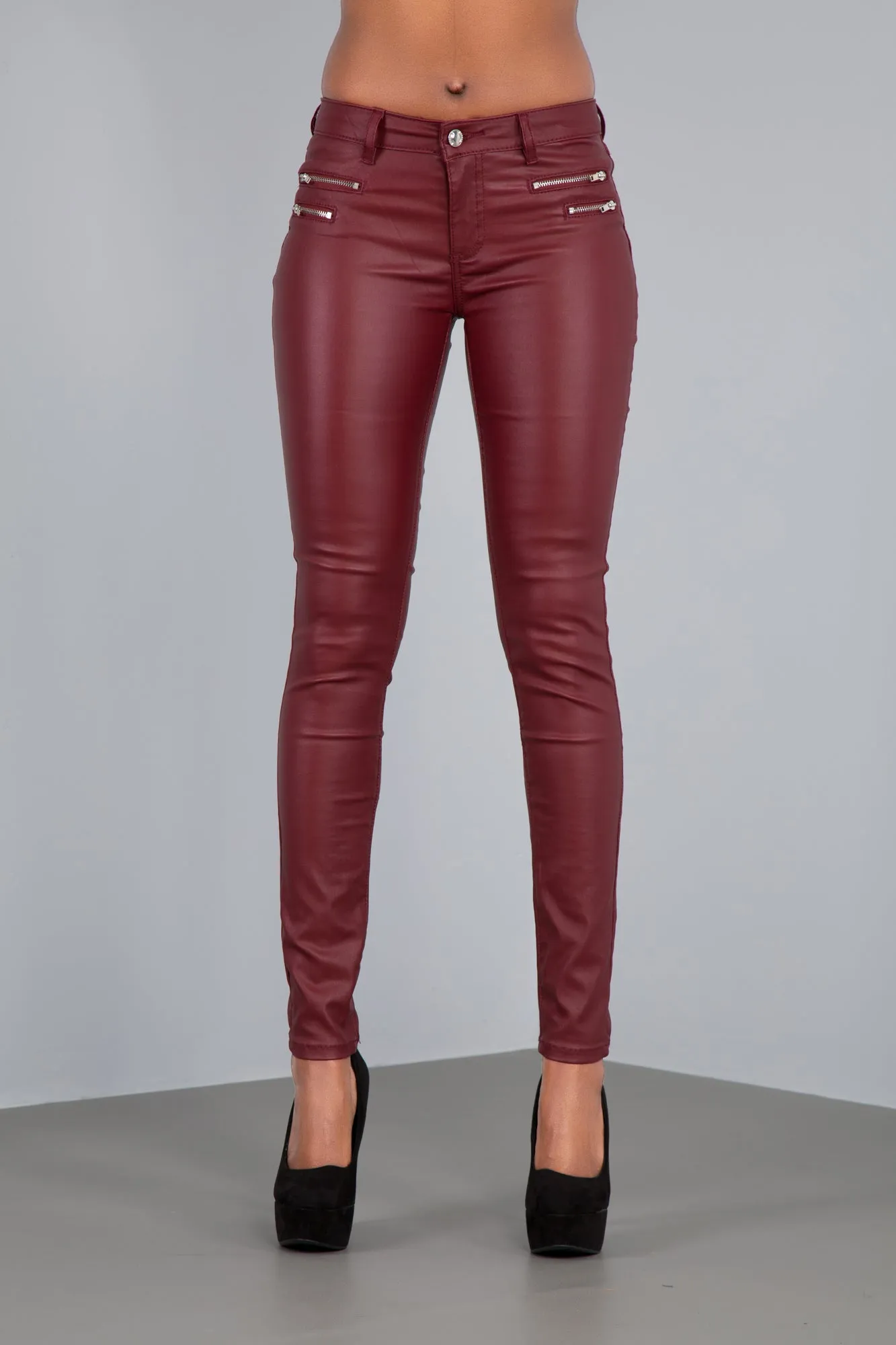 CrimsonGlam Mid-Waist Faux Leather Leggings – Burgundy