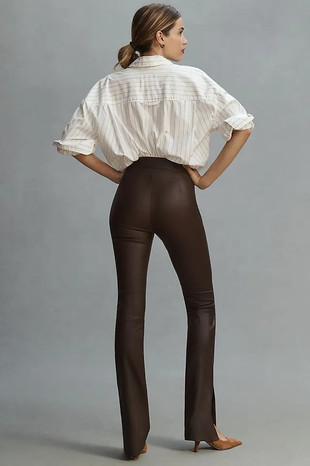 Dawn Lamarque Stretch Leather Split Hem Trousers, Brown