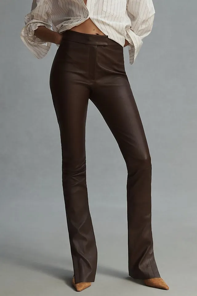 Dawn Lamarque Stretch Leather Split Hem Trousers, Brown