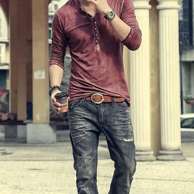 Funki Buys | Shirts | Men's Casual Long Sleeve V-Neck Tee Shirt