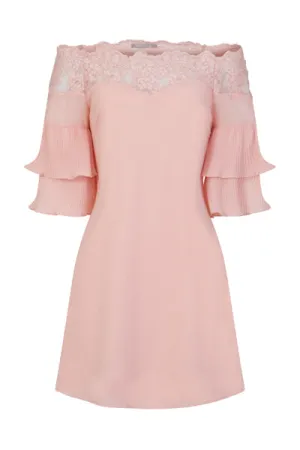 Get Flirty Blush Off Shoulder Ruffle & Frill Lace Bardot Dress
