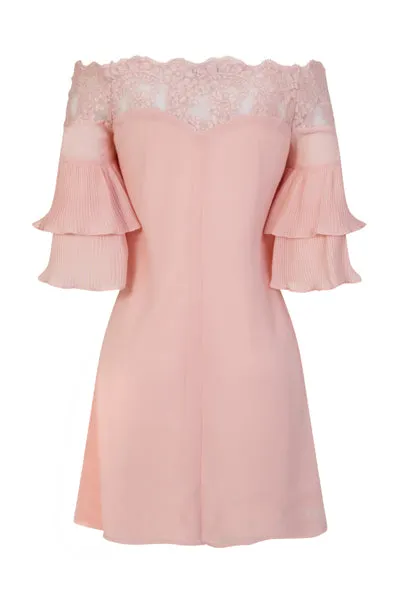 Get Flirty Blush Off Shoulder Ruffle & Frill Lace Bardot Dress