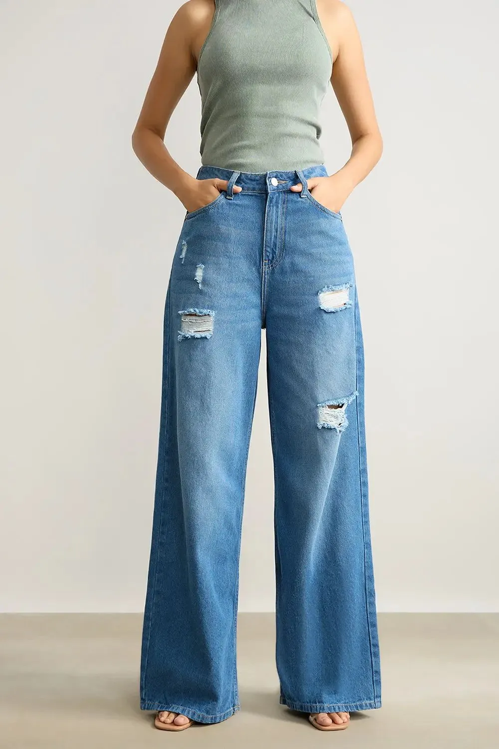 High Waisted Ultra Wide Mid Blue Jeans