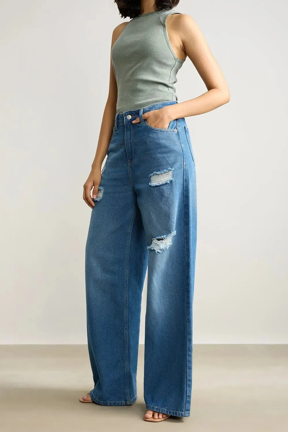 High Waisted Ultra Wide Mid Blue Jeans