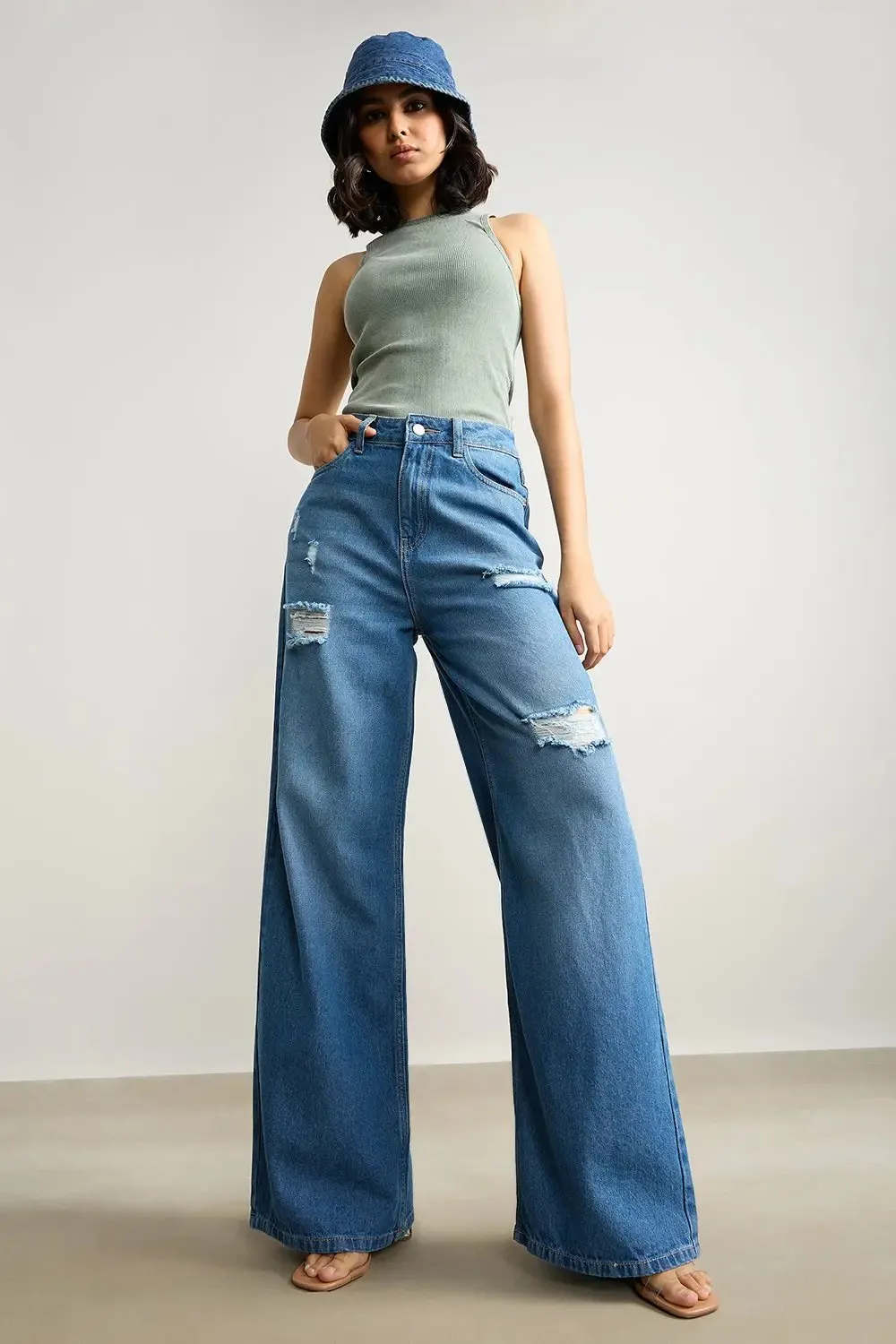 High Waisted Ultra Wide Mid Blue Jeans