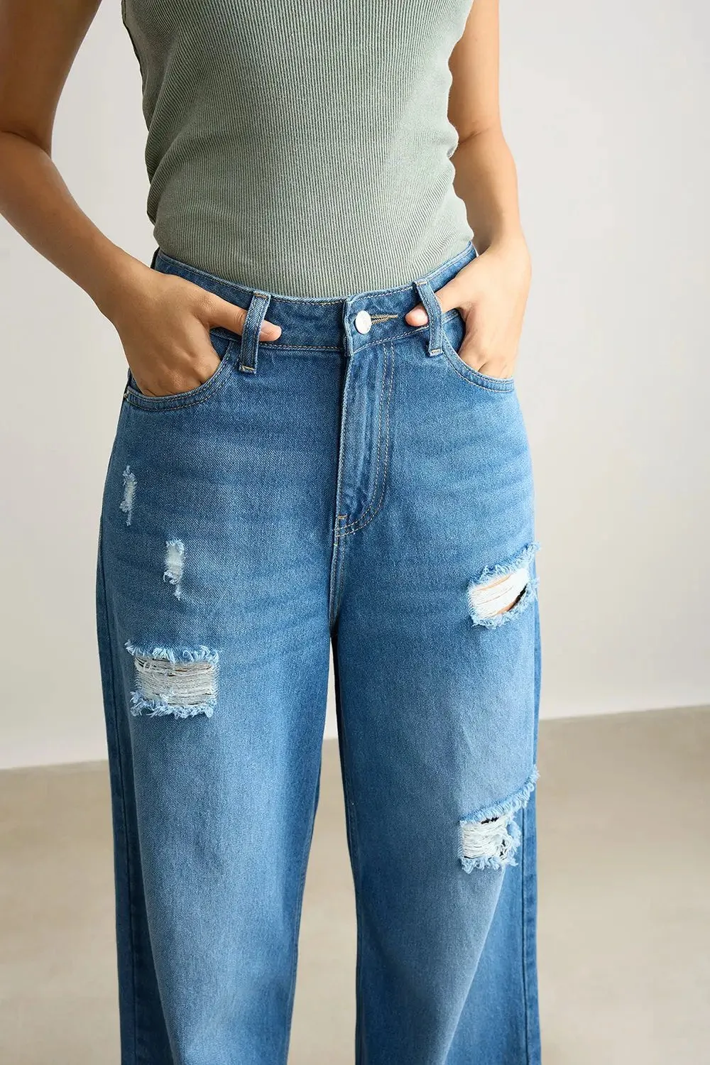 High Waisted Ultra Wide Mid Blue Jeans