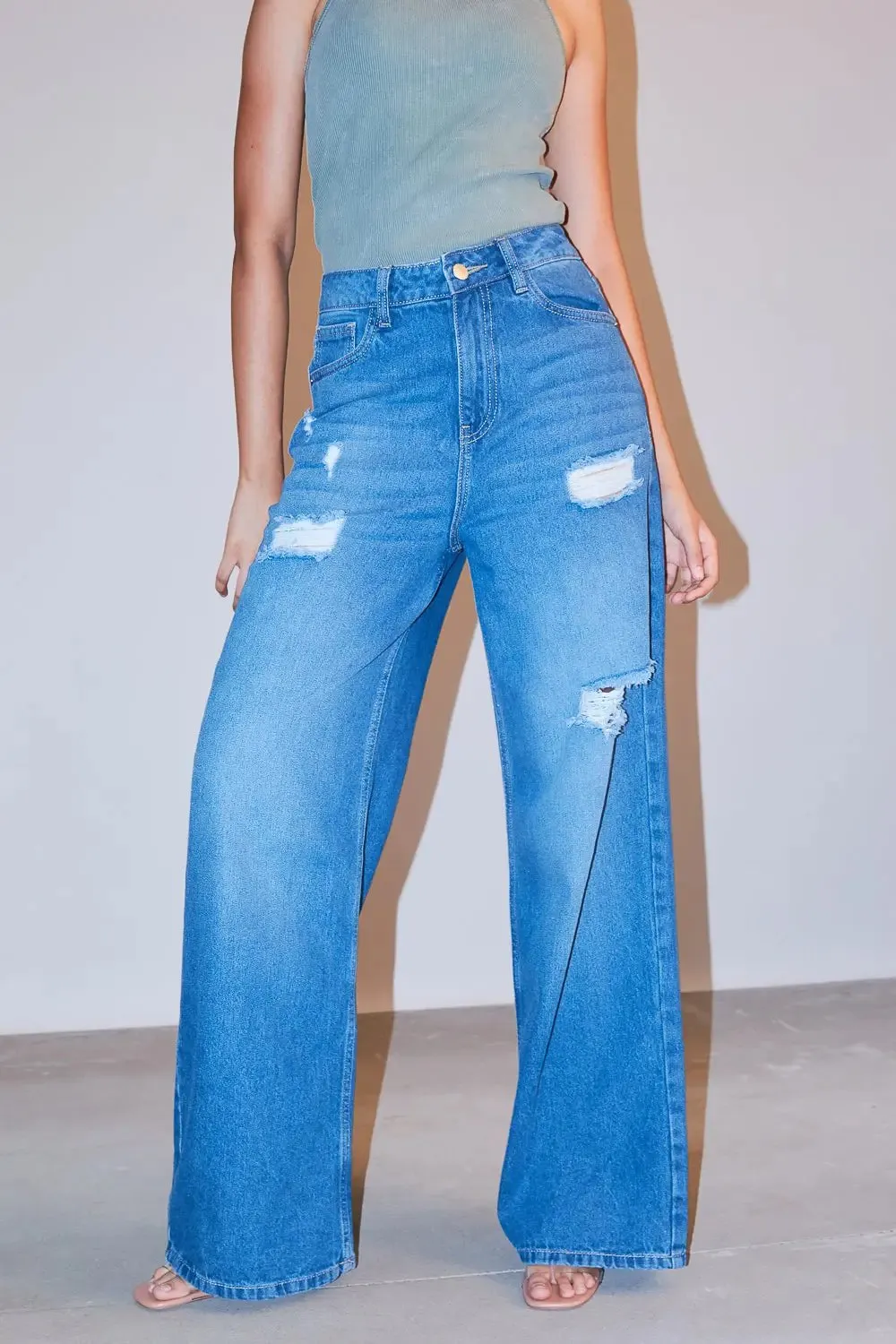 High Waisted Ultra Wide Mid Blue Jeans