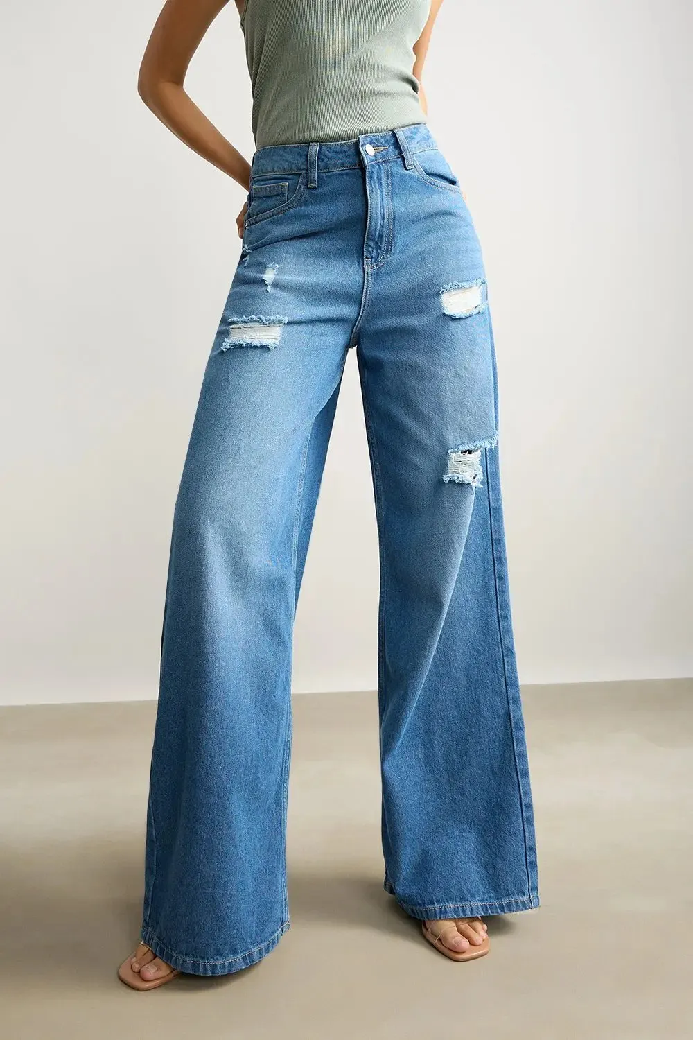 High Waisted Ultra Wide Mid Blue Jeans