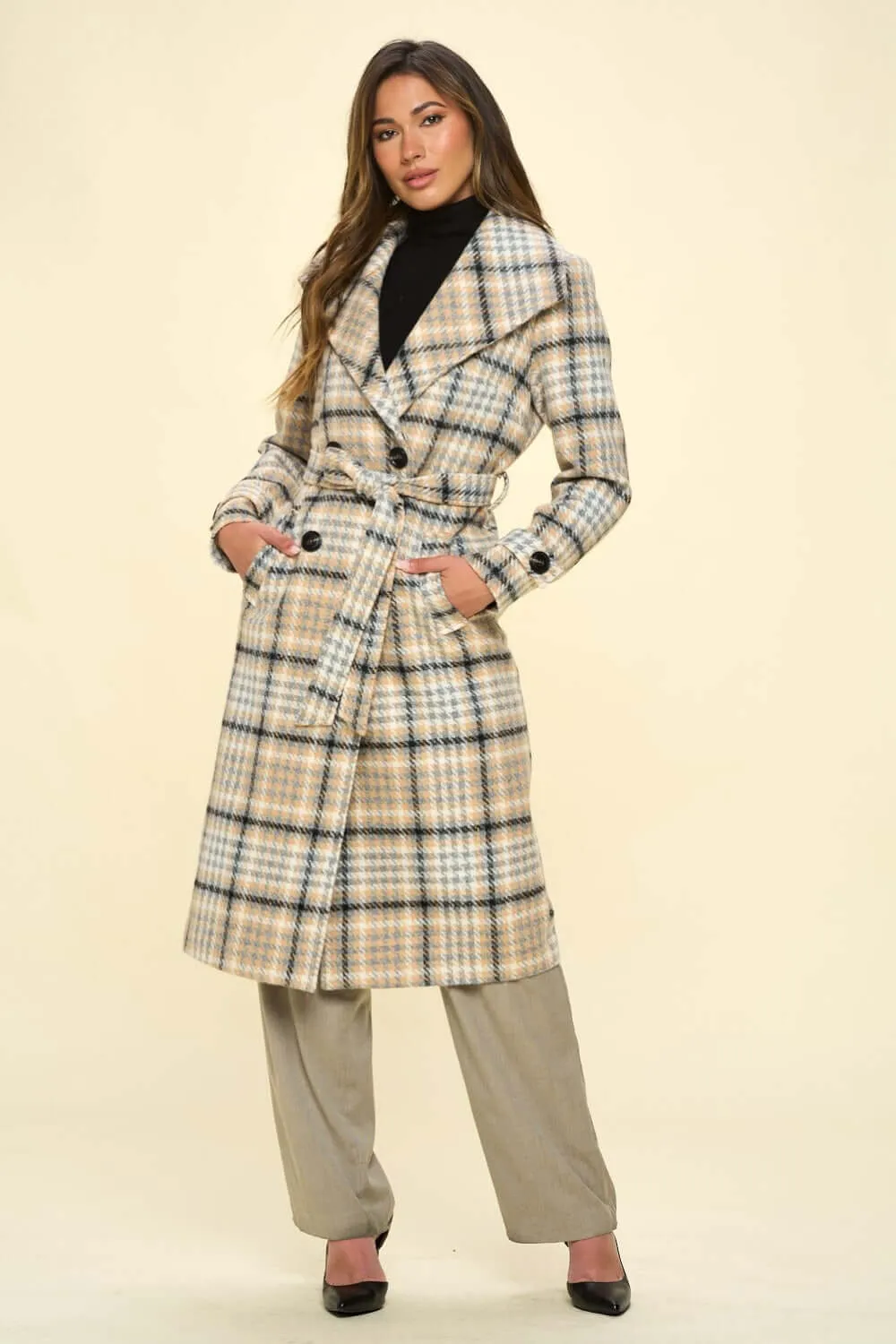 Khaki Double-Breasted Plaid Coat with Belt