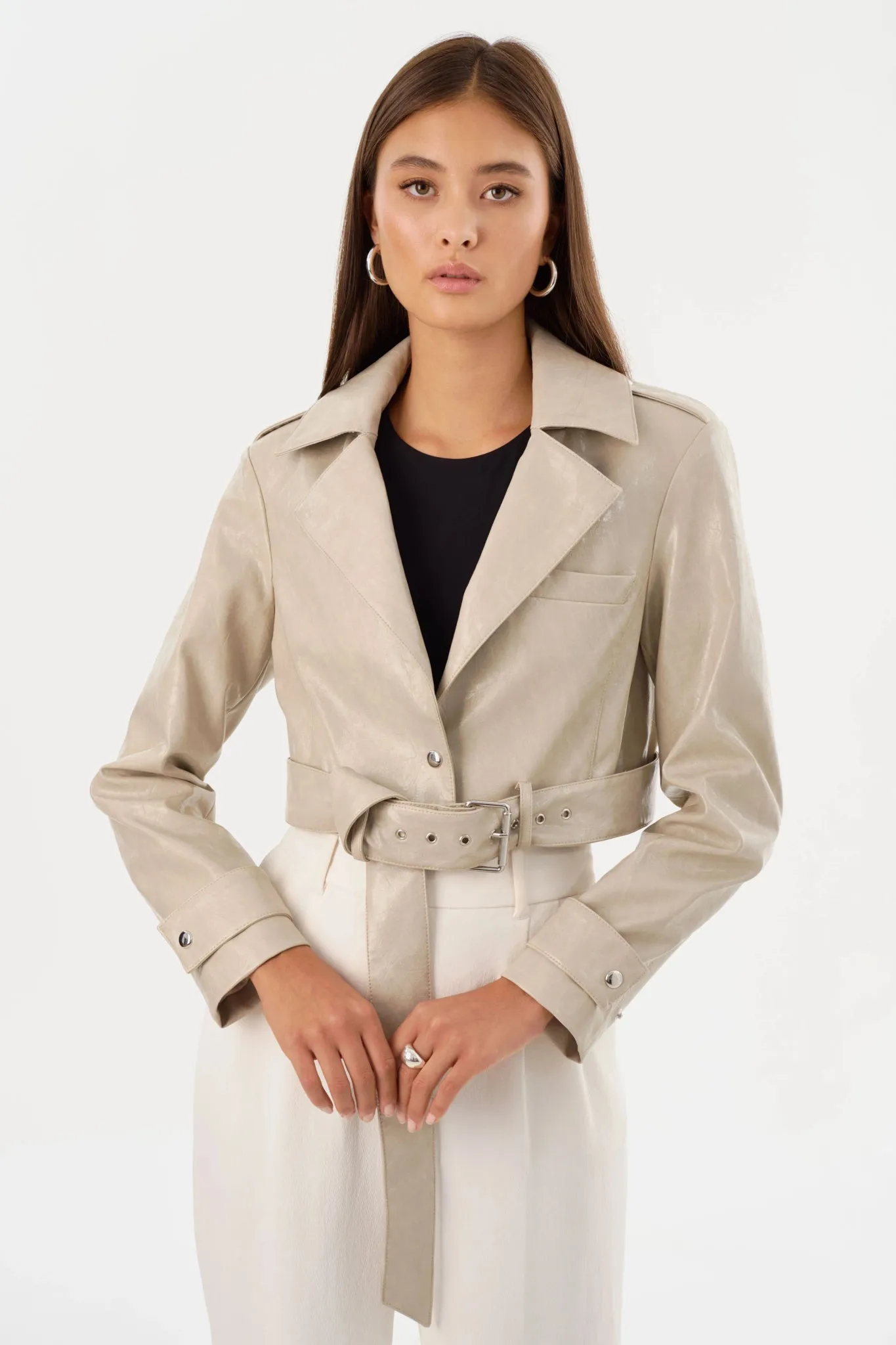 Larmarque Katija Faux Leather Trench Jacket in Clay