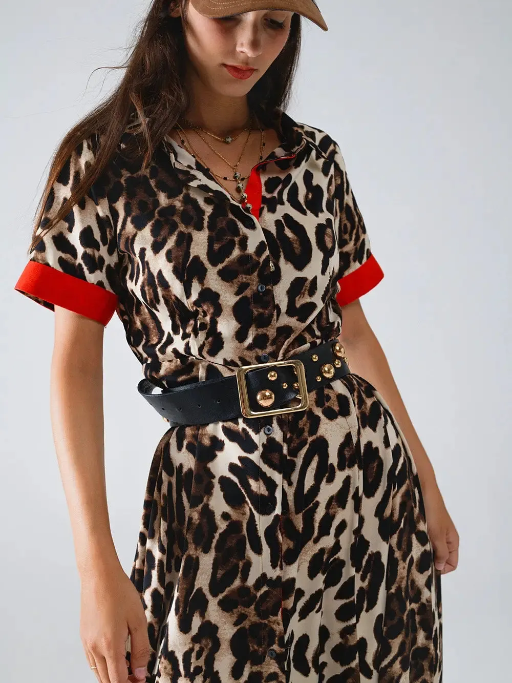 Leopard Button-down Maxi Dress with Red Details