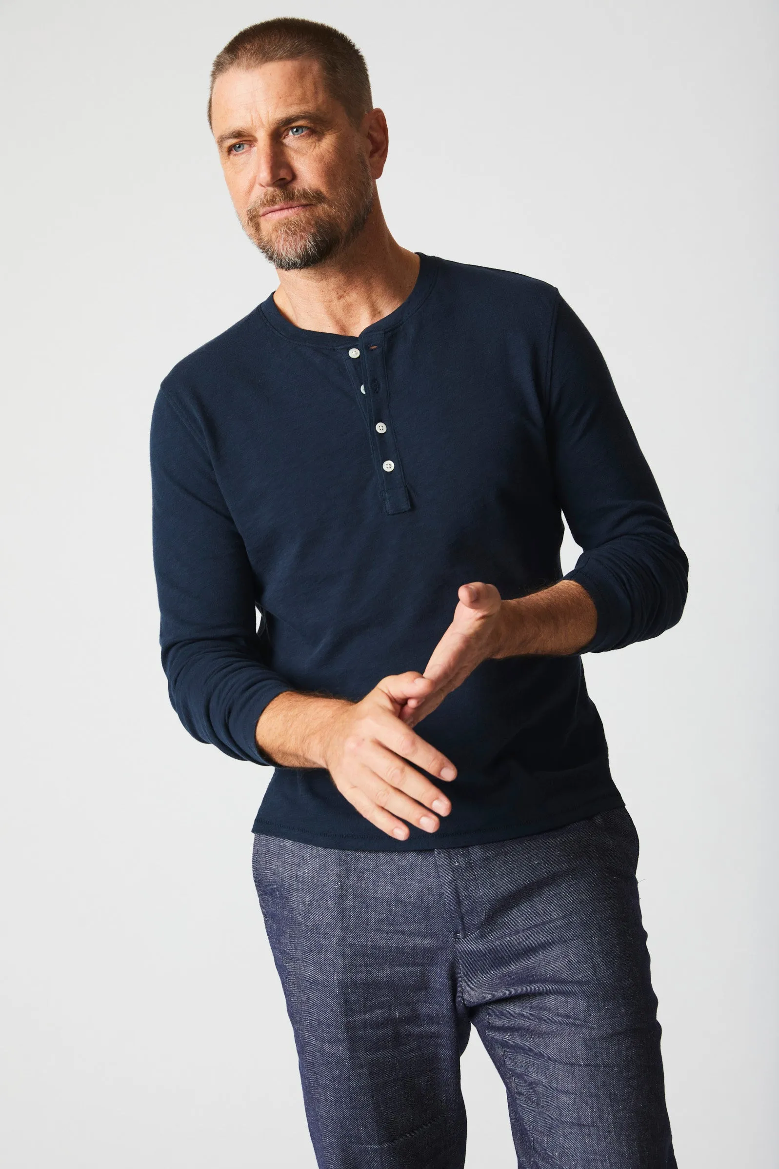 Long Sleeve Organic Cotton Henley - Carbon Blue