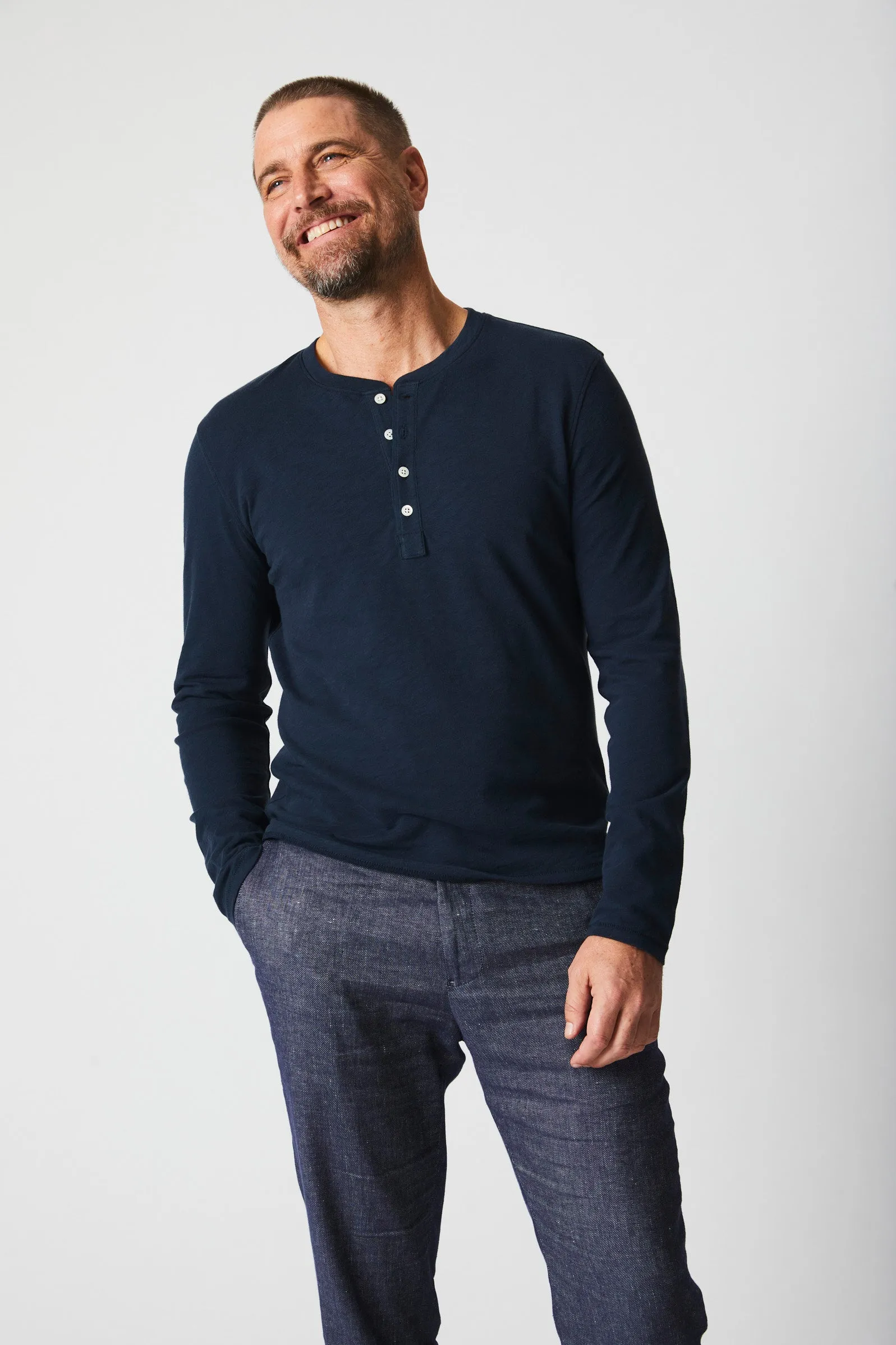 Long Sleeve Organic Cotton Henley - Carbon Blue