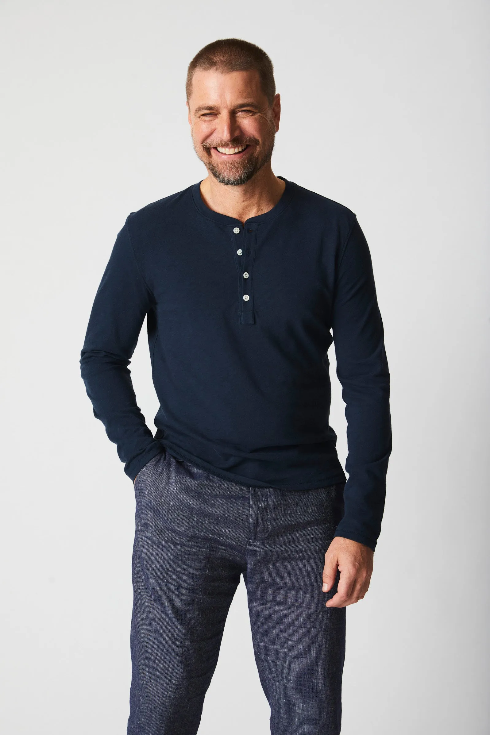 Long Sleeve Organic Cotton Henley - Carbon Blue