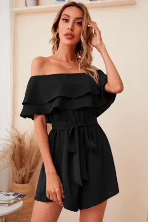 Off Shoulder Foldover Front Self Belted Romper