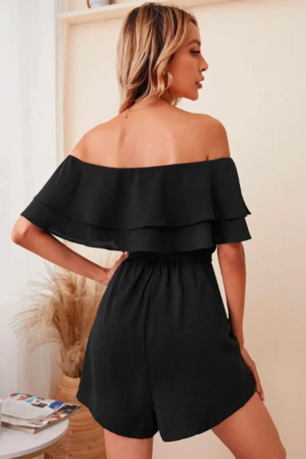 Off Shoulder Foldover Front Self Belted Romper