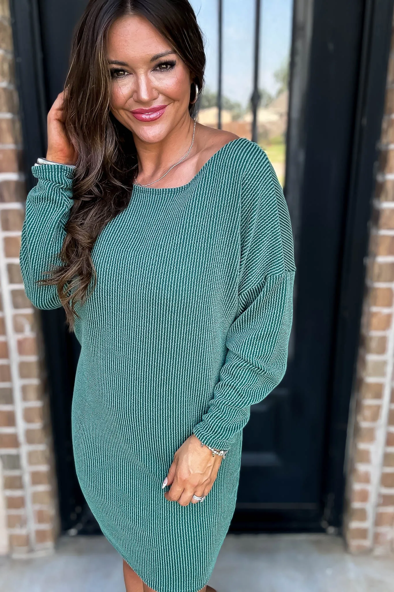 Off The Shoulder Hunter Green Ribbed Dress
