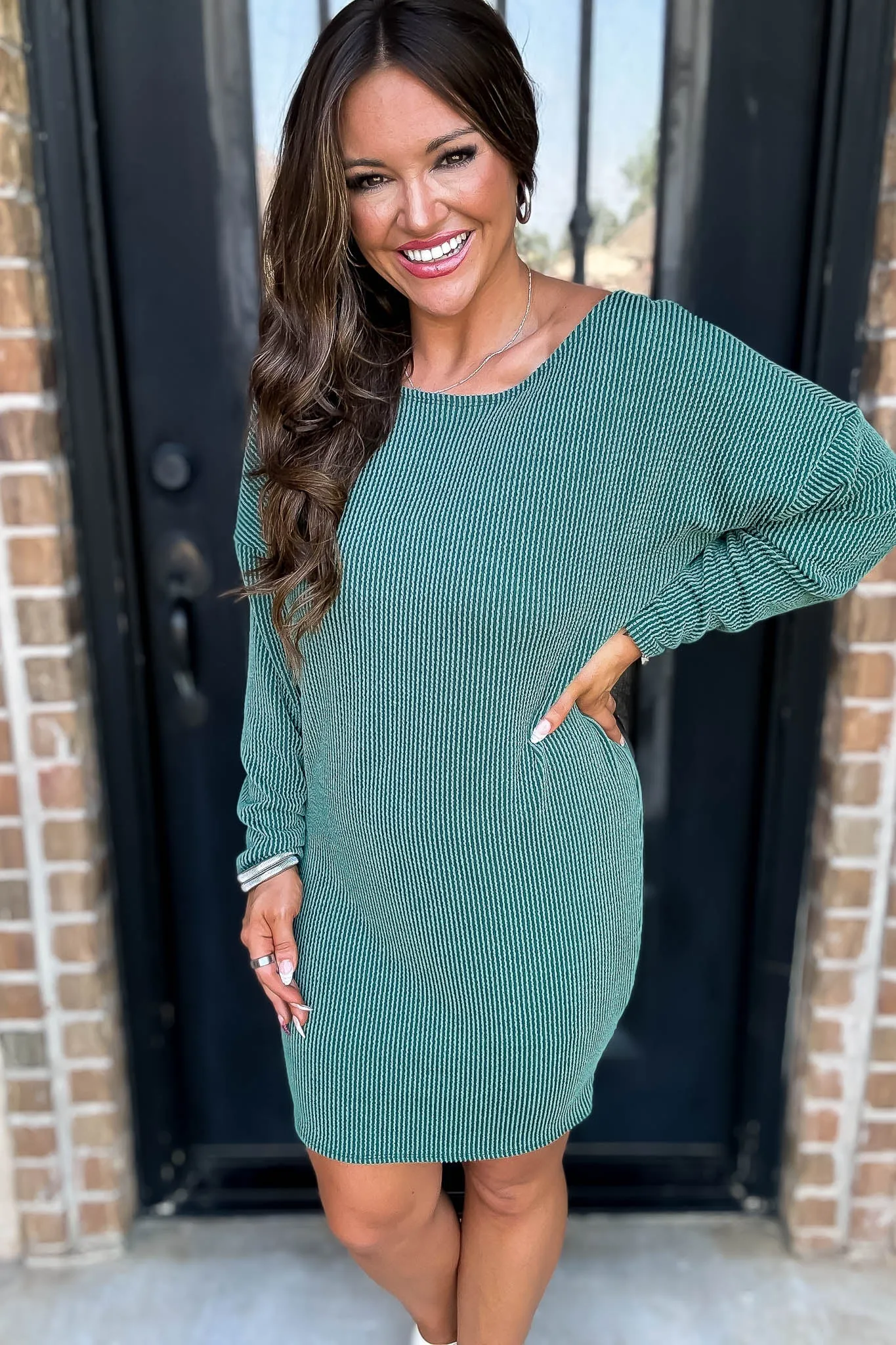 Off The Shoulder Hunter Green Ribbed Dress