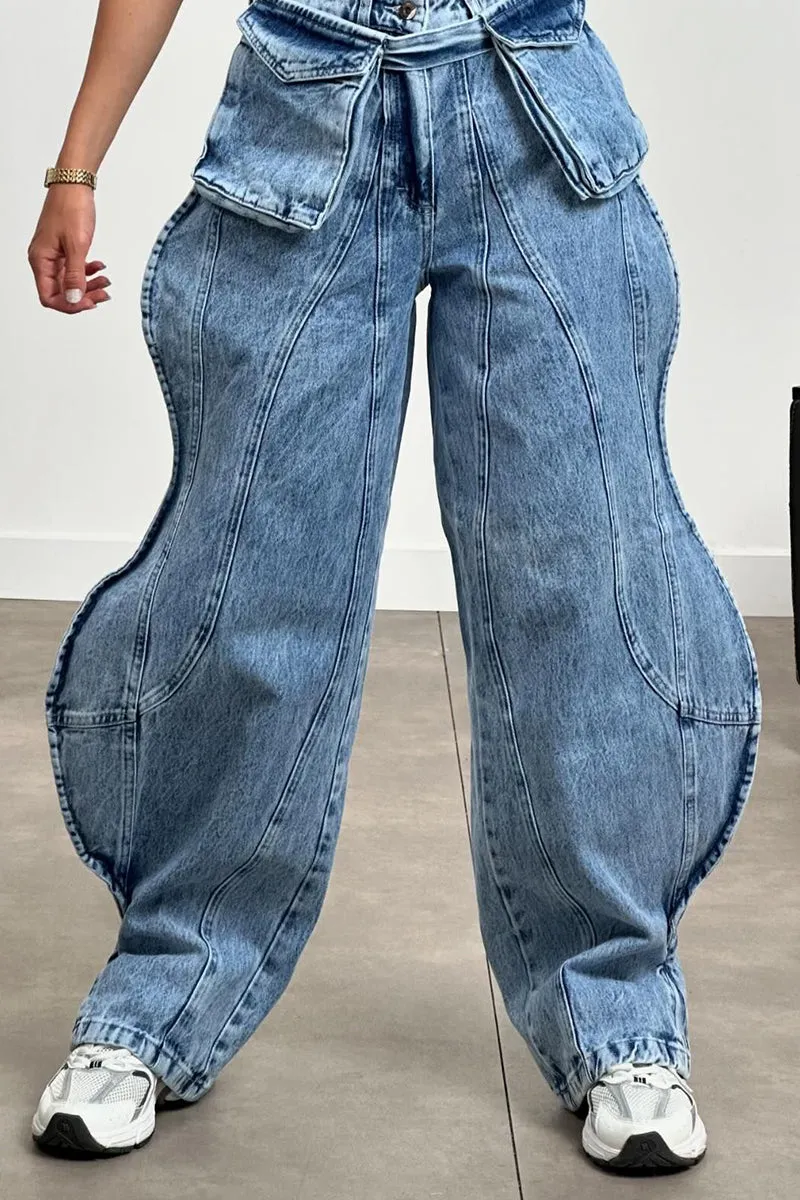 PR3073 Ruffle Cargo Jeans Pant