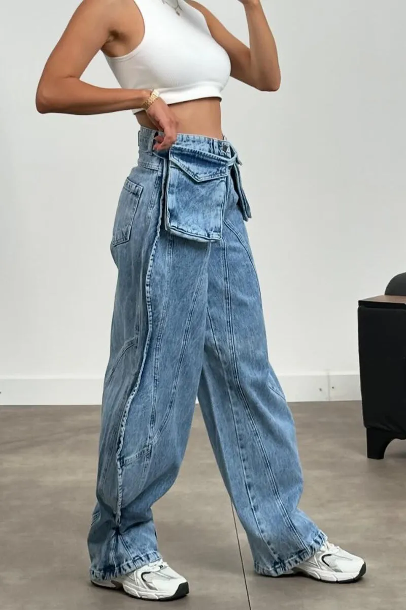 PR3073 Ruffle Cargo Jeans Pant