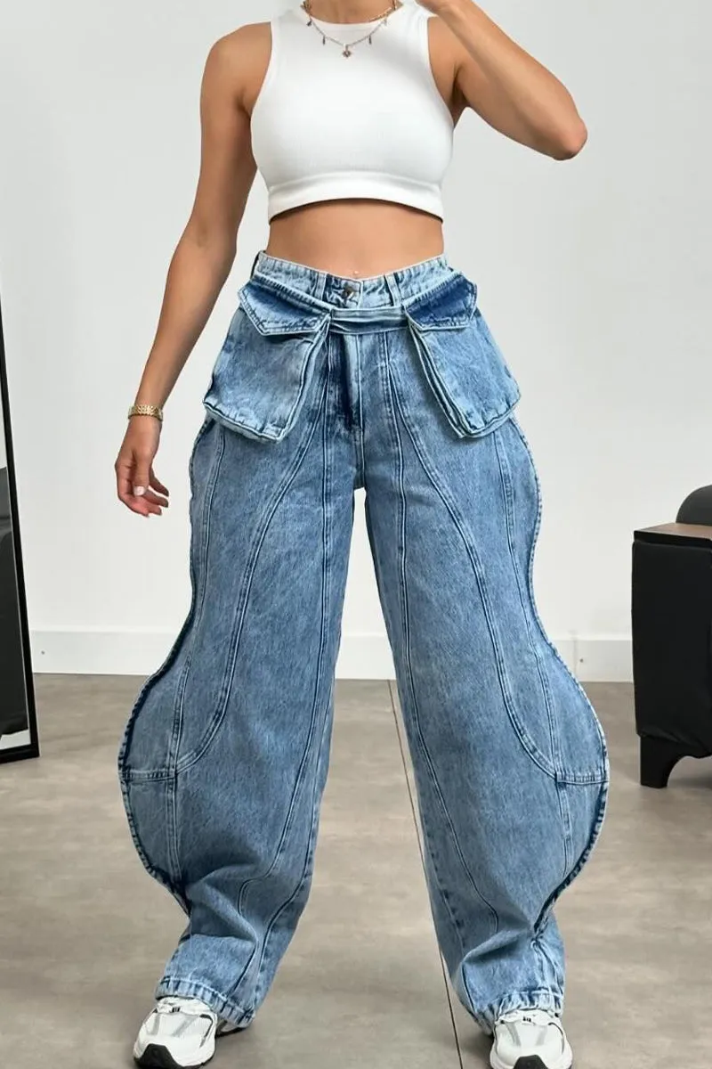 PR3073 Ruffle Cargo Jeans Pant