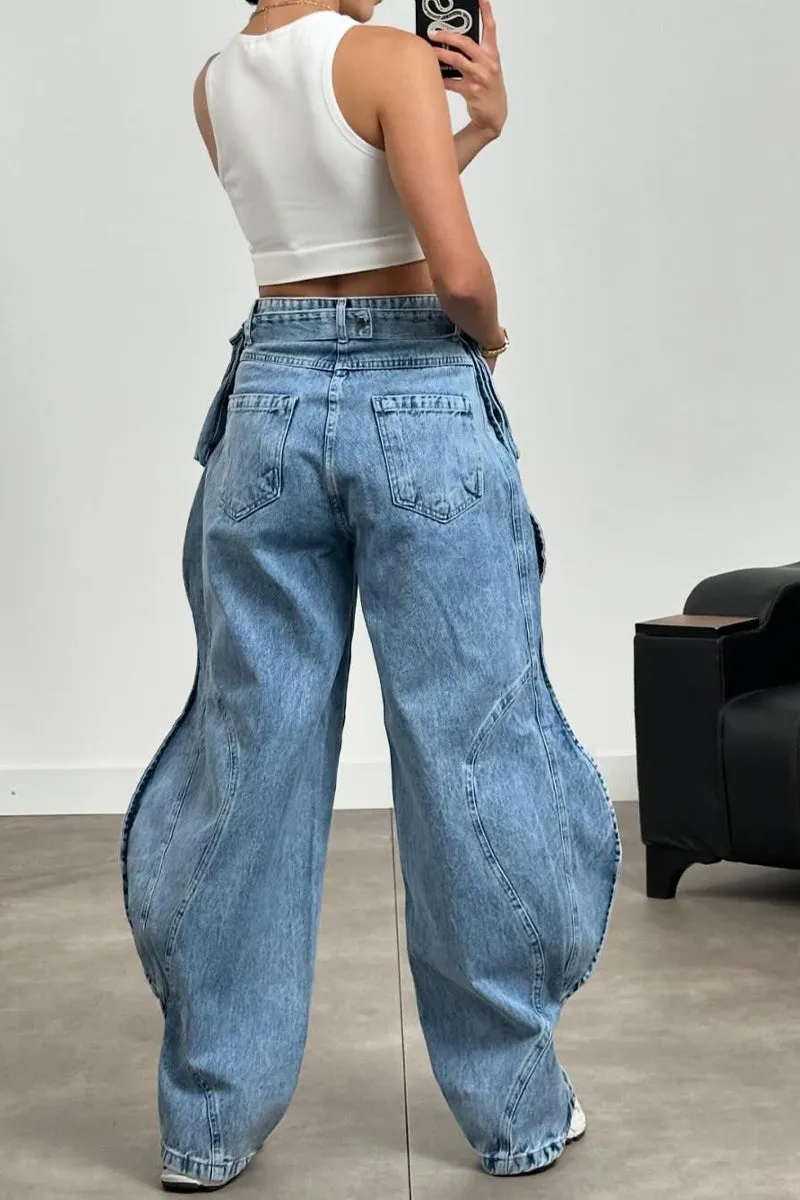 PR3073 Ruffle Cargo Jeans Pant