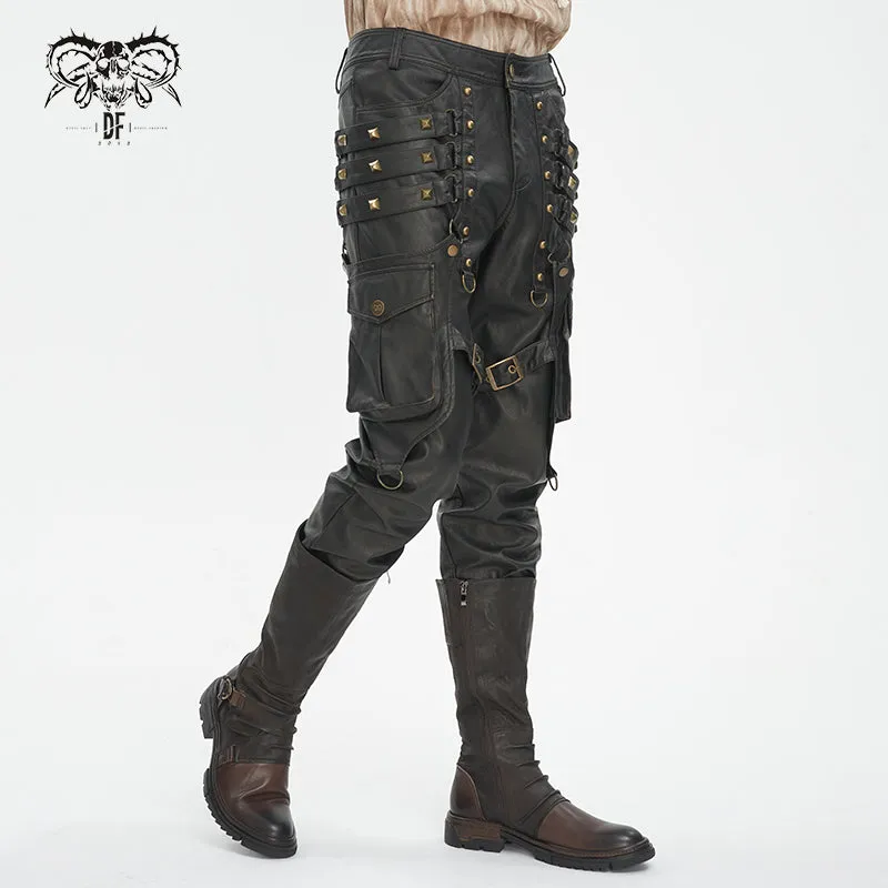 PT24402 Brown Steampunk brush-off leather trousers