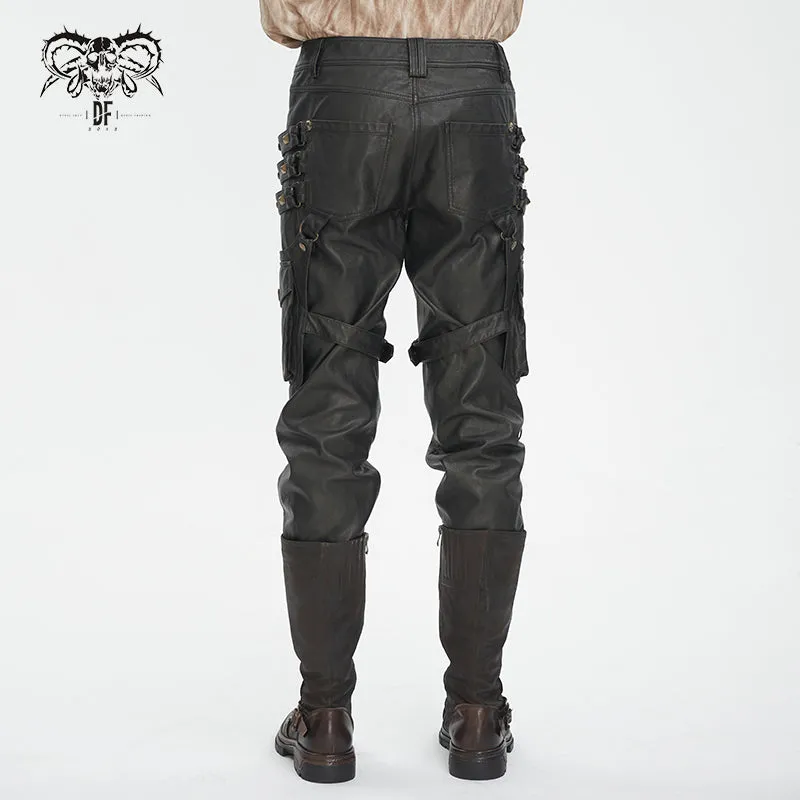 PT24402 Brown Steampunk brush-off leather trousers