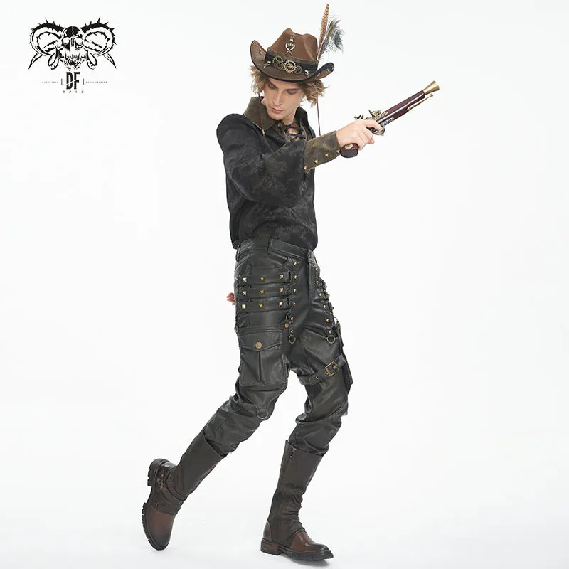 PT24402 Brown Steampunk brush-off leather trousers