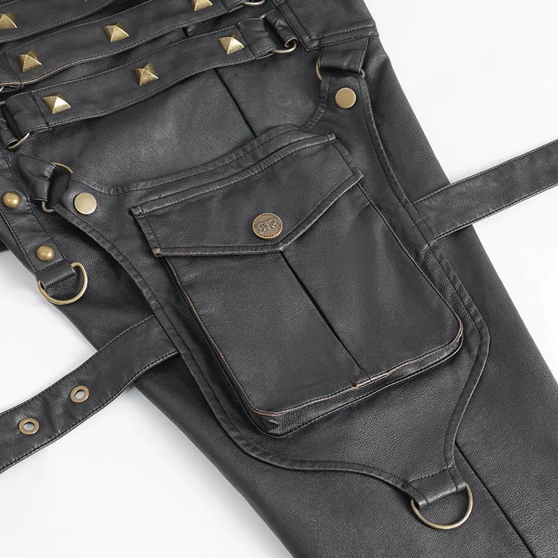PT24402 Brown Steampunk brush-off leather trousers