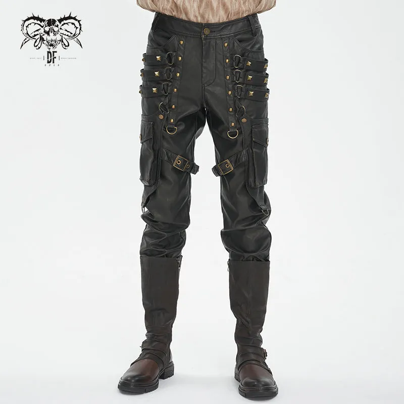 PT24402 Brown Steampunk brush-off leather trousers