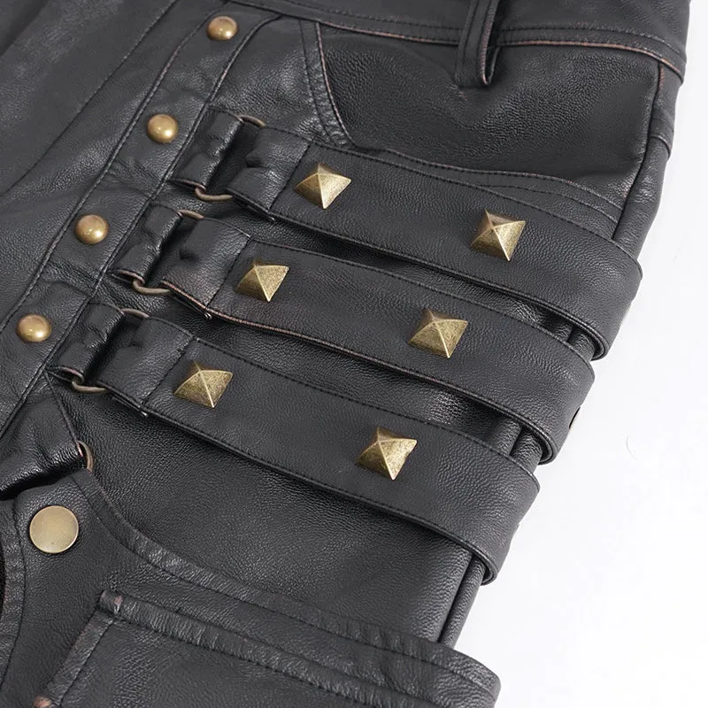 PT24402 Brown Steampunk brush-off leather trousers