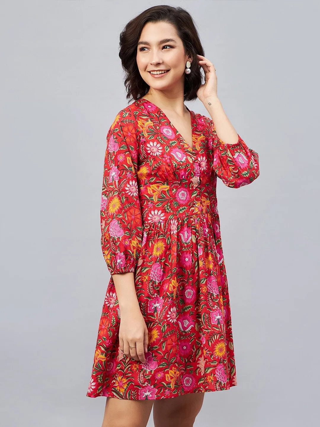 Red Flora V- Neck Mini Dress