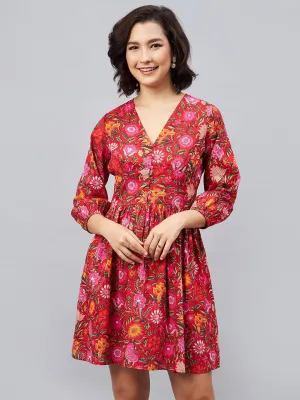 Red Flora V- Neck Mini Dress