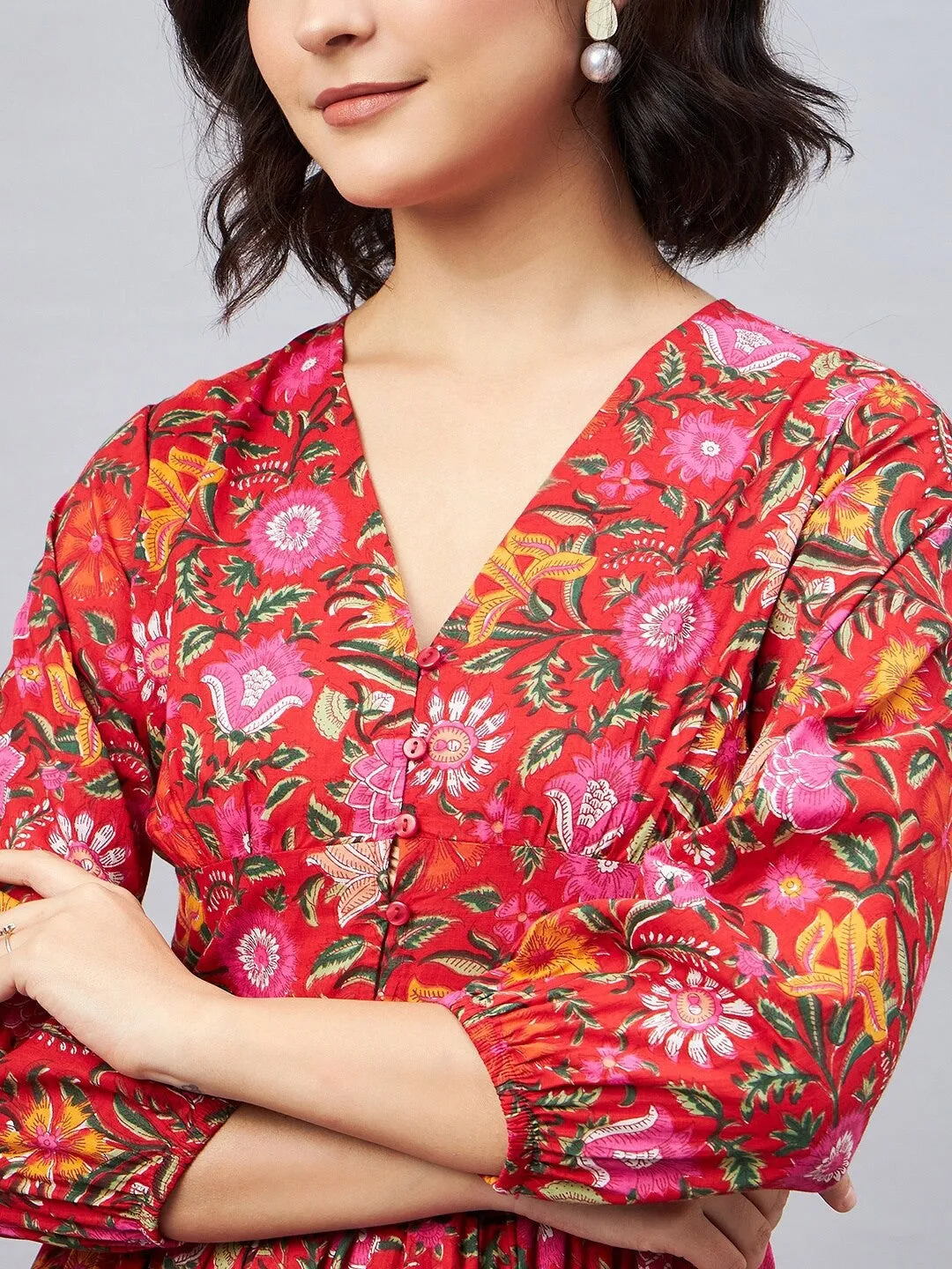 Red Flora V- Neck Mini Dress