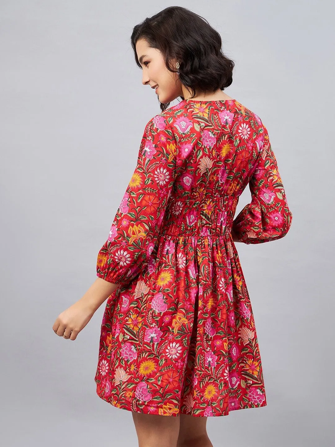 Red Flora V- Neck Mini Dress