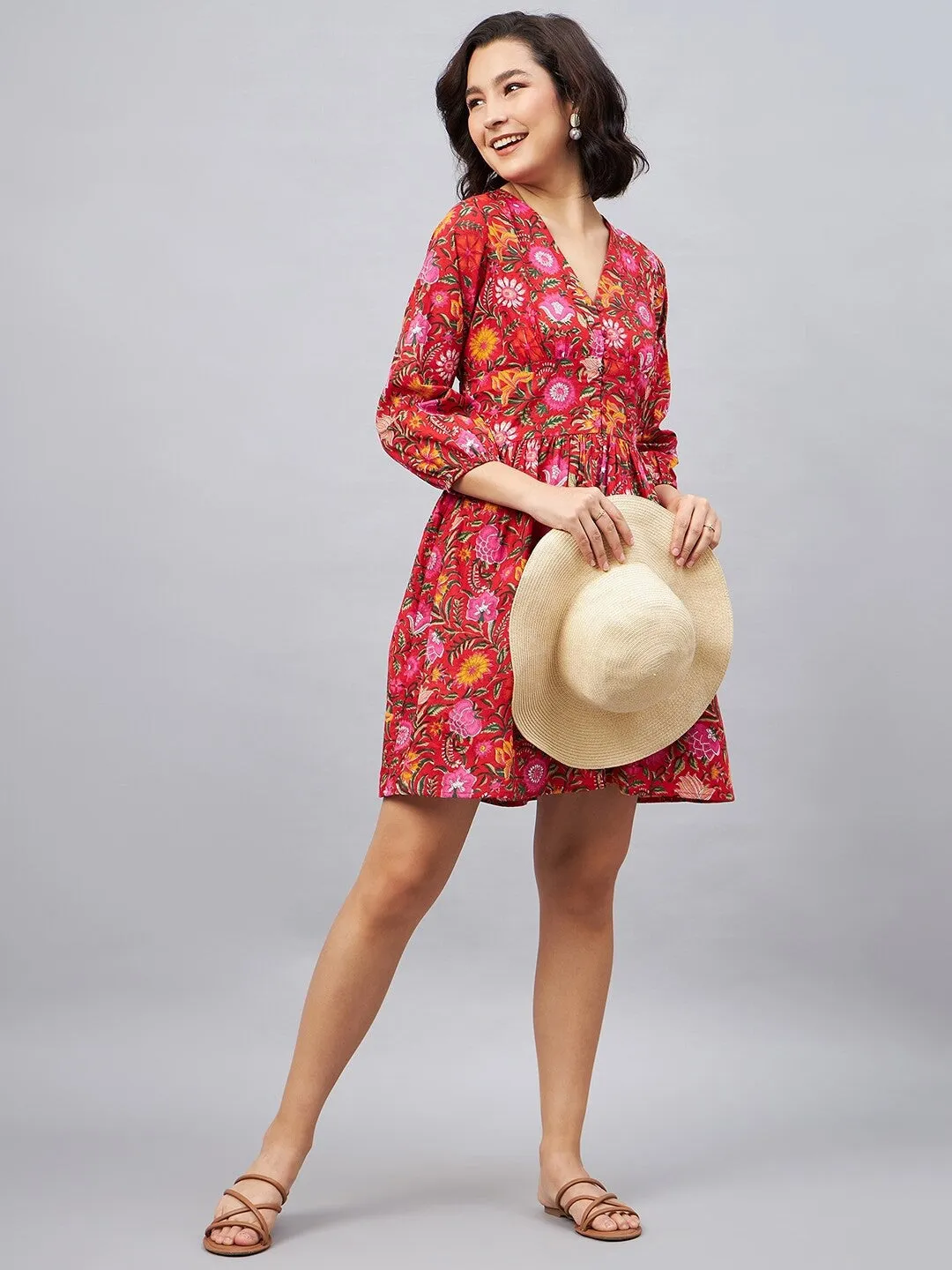 Red Flora V- Neck Mini Dress