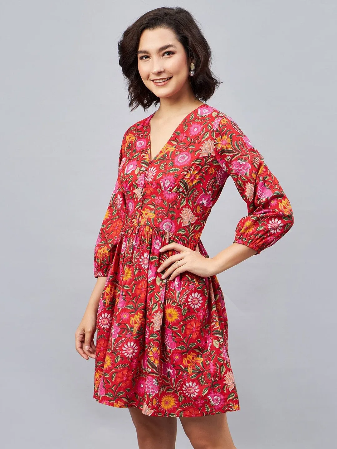Red Flora V- Neck Mini Dress