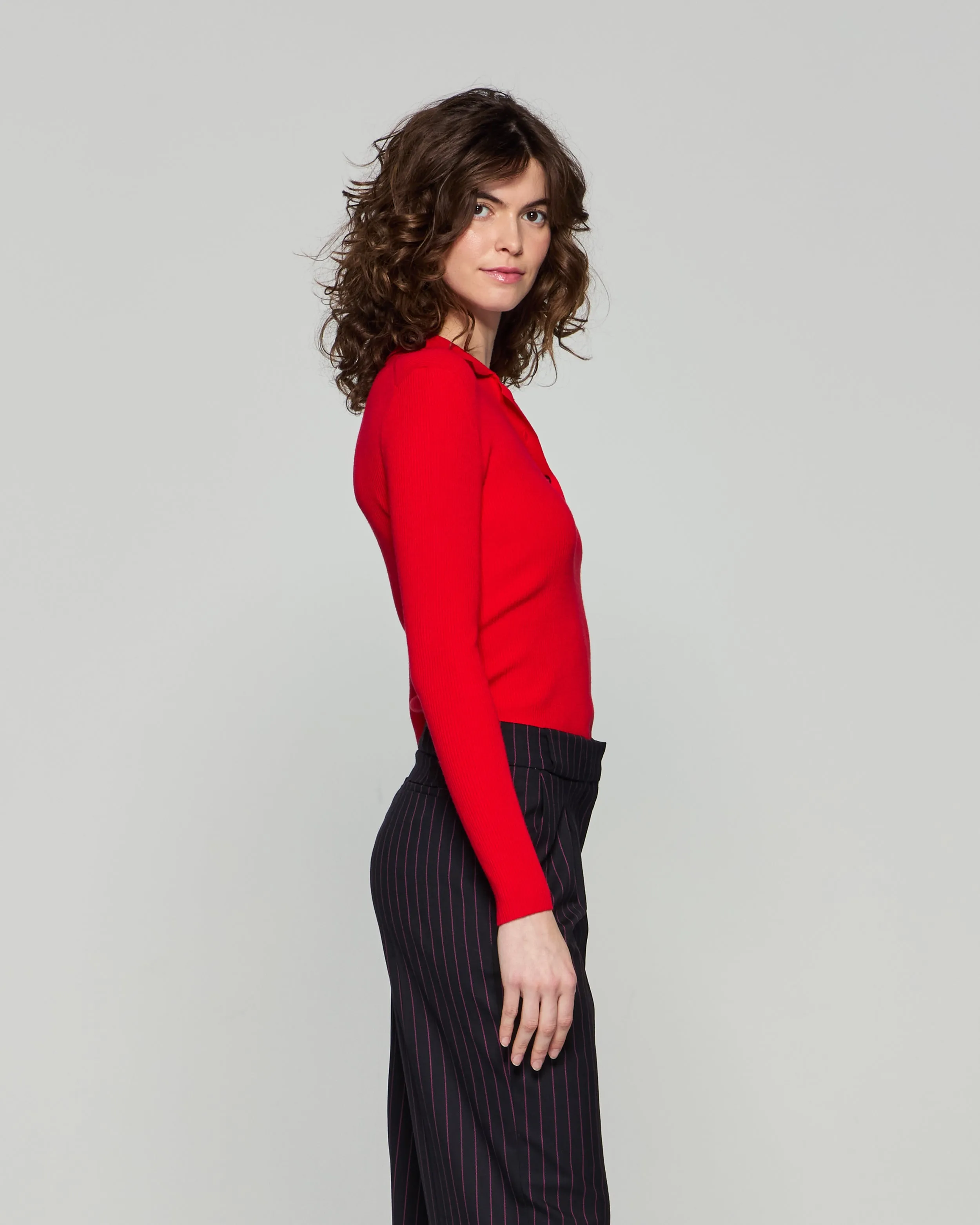 Ribbed Henley Top - Red