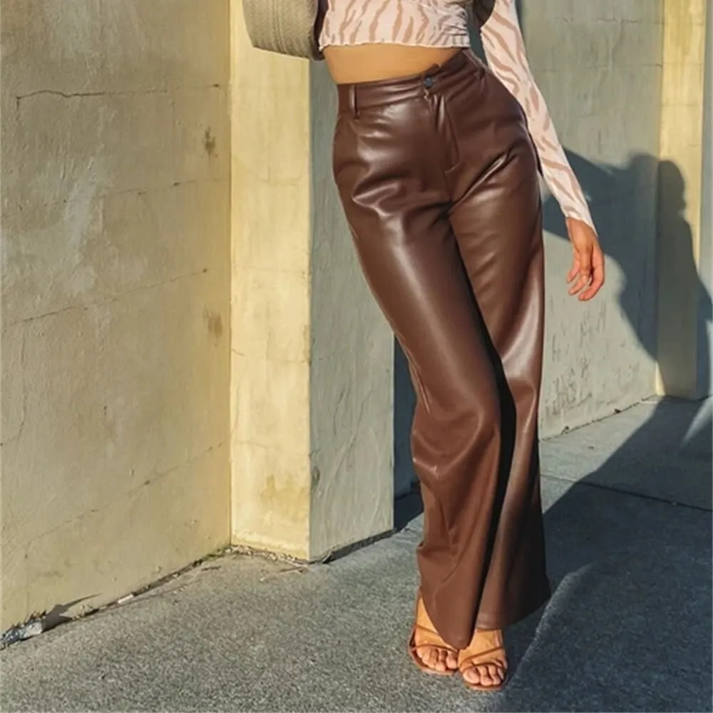 Sexy Wide-Leg Leather Pants