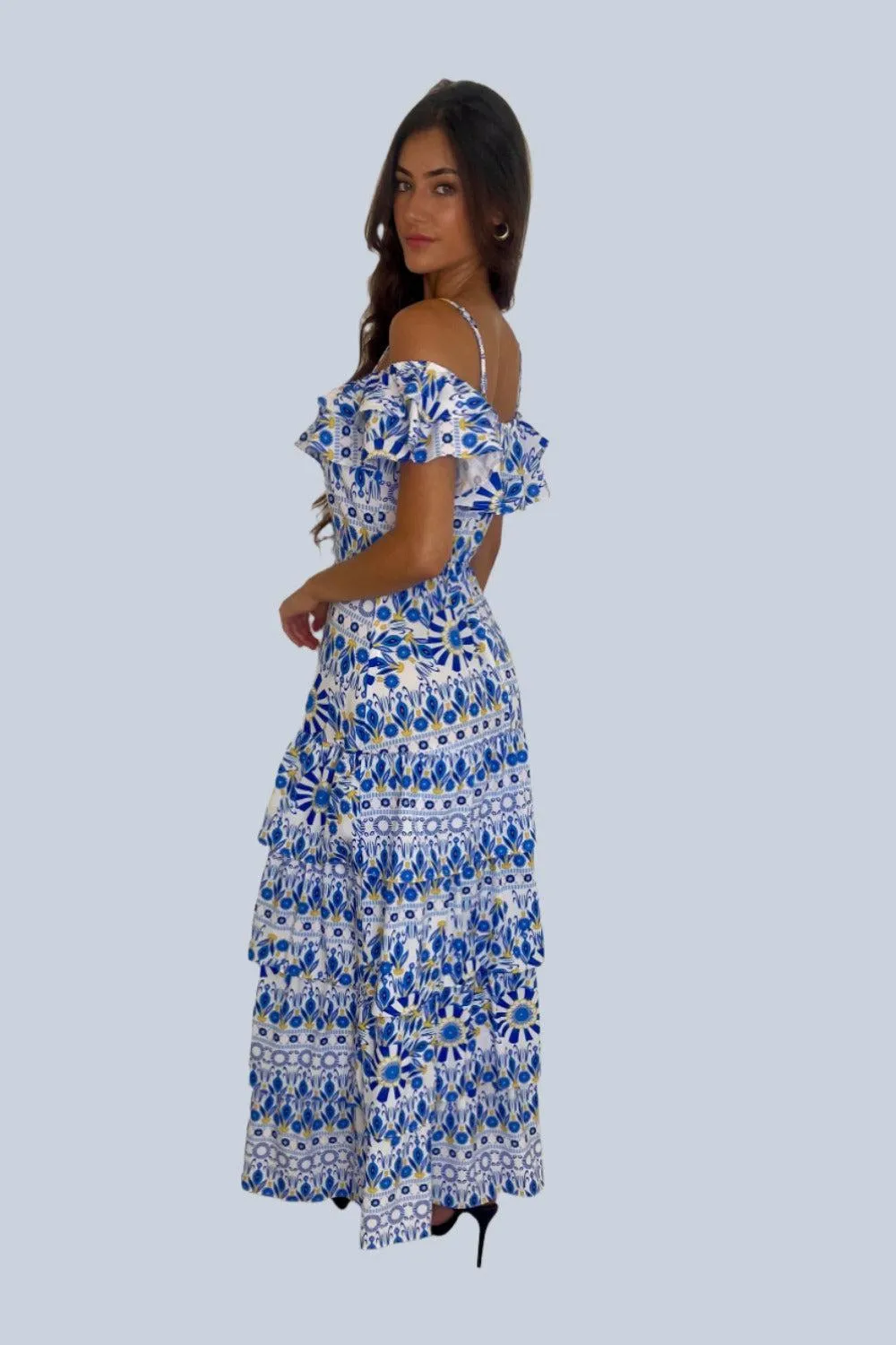 Side Slit Frill Off Shoulder Vibrant Print Spanish Maxi Dress