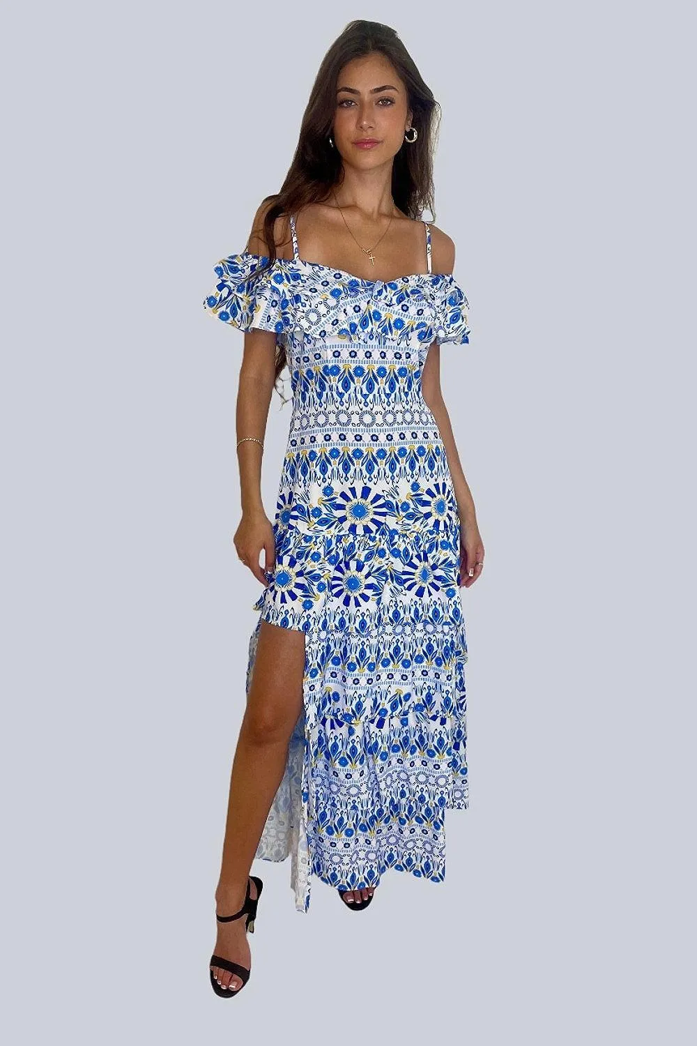 Side Slit Frill Off Shoulder Vibrant Print Spanish Maxi Dress