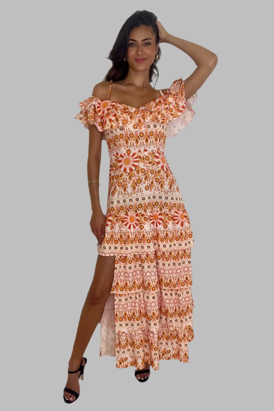 Side Slit Frill Off Shoulder Vibrant Print Spanish Maxi Dress